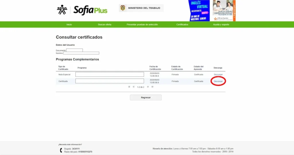 Ultimo paso para descargar el certificado del sena