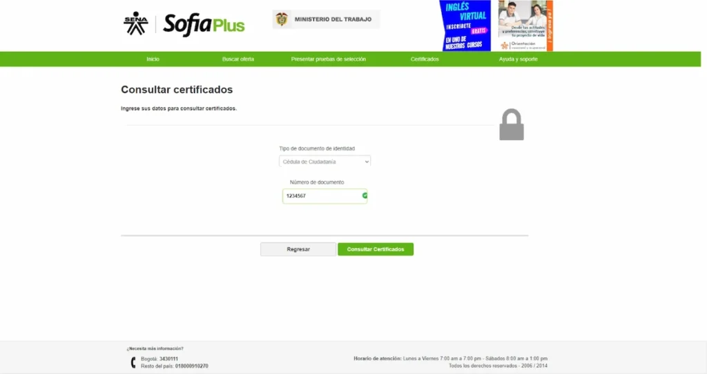 Ingresar numero de identificación para tu certificado del SENA